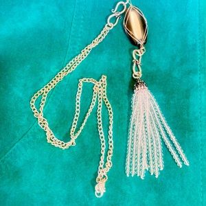 Art Deco style necklace, black and silver, with white tiny beaded tassel.